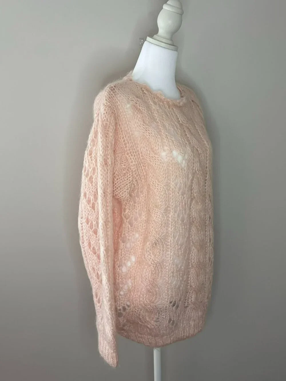 From Iris Pink Chunky Cable Knit Sweater Openwork Lace Mohair Style Oversized